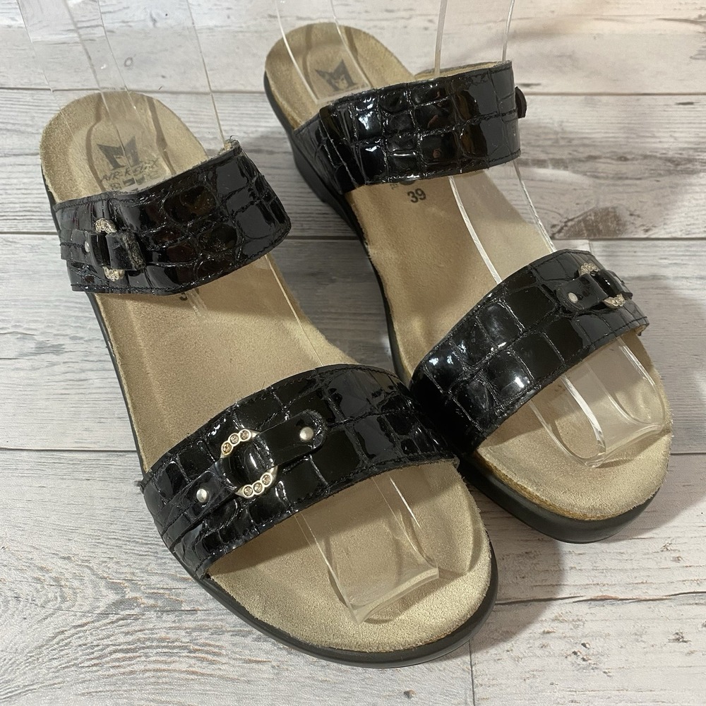 Mephisto Naiade Sandals Womens 39 Black Patent Croc Leather Wedges‎ Double Strap
